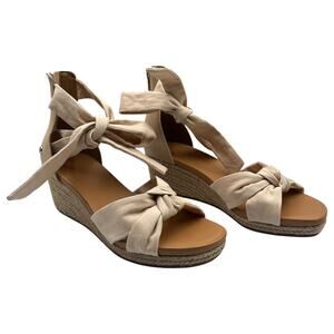 UGG Yarrow Wedge Espadrille Sandals Canvas Suede Tie Strap Beige Size 8.5
